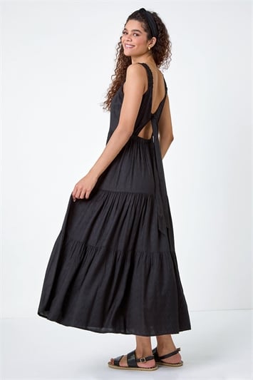 Black Textured Tie Back Tiered Maxi Dress