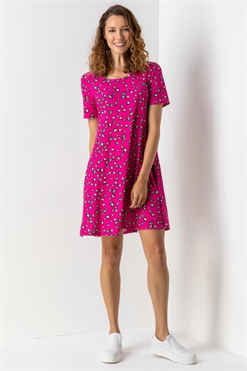 Pink Heart Print Stretch Swing Dress, Image 2 of 5