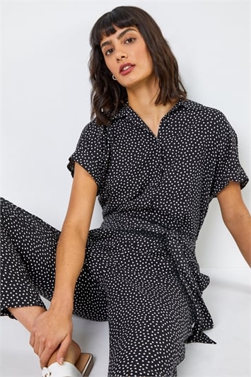Black Spot Print Collared Jumpsuit, Image 1 of 5