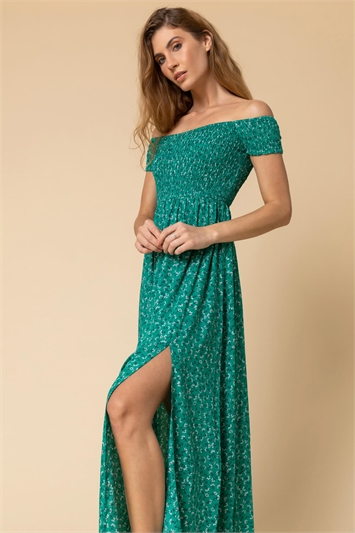 Green Shirred Ditsy Floral Print Bardot Dress