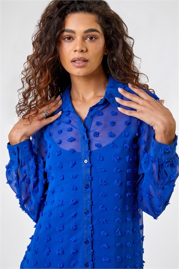 Royal Blue Textured Spot Button Up Blouse, Image 4 of 5