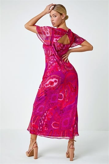 Purple Paisley Print Cowl Neck Dress