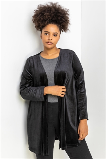 Black Curve Velvet Longline Kimono Jacket, Image 2 of 5