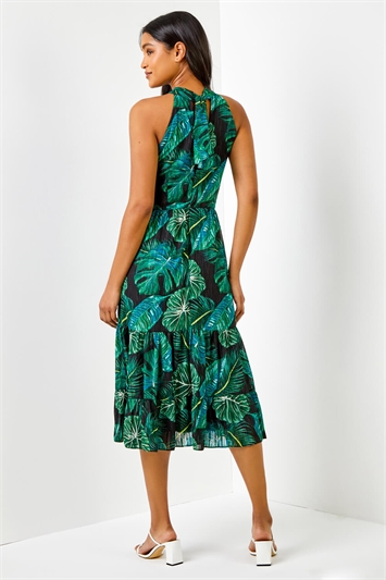 Green Textured Leaf Print Tiered Maxi Dress, Image 2 of 5