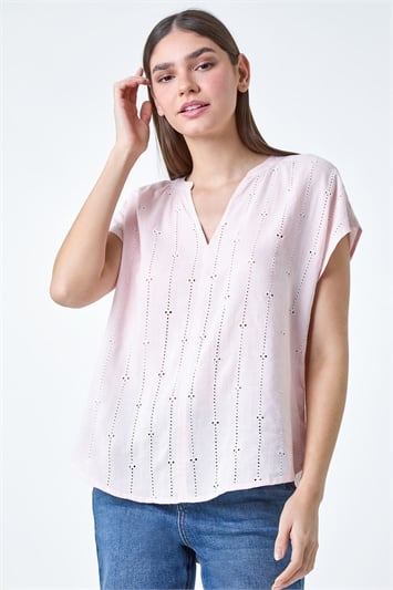 Pink Embroidered Stripe Notch Neck Top