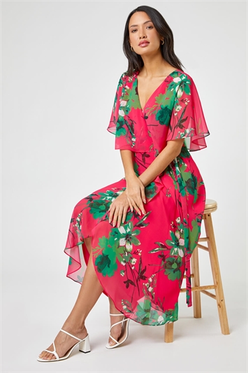 Pink Floral Print Frill Cape Wrap Dress, Image 4 of 5