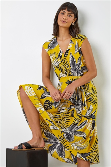 Yellow Tropical Print Dipped Hem Dress, Image 4 of 5