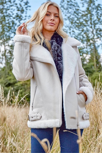 Ivory Faux Fur Lined Zip Detail Aviator Jacket, Image 4 of 4