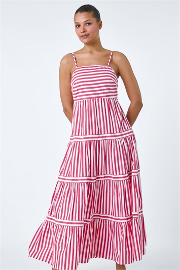 Red Sleeveless Stripe Tiered Cotton Maxi Dress