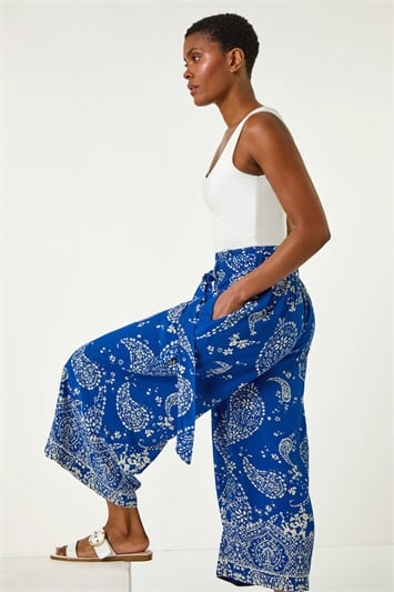 Blue Paisley Print Wide Leg Cropped Trousers