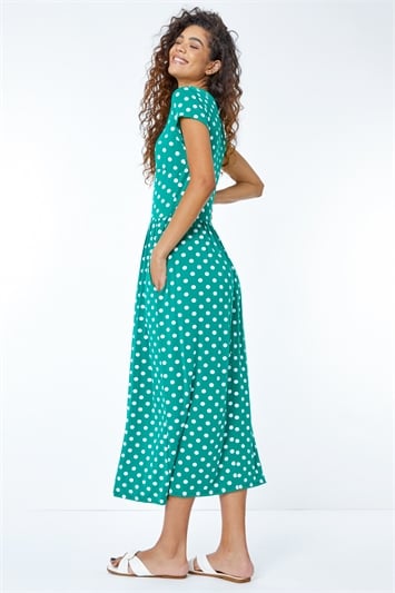 Green Spot Print Stretch Midi Dress