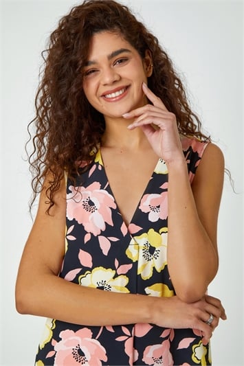 Yellow Sleeveless V-Neck Floral Pleat Front Top