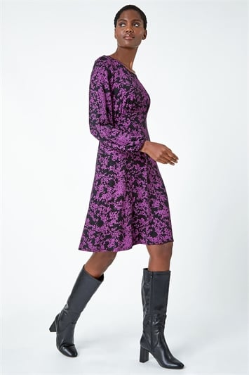 Purple Ditsy Floral Print Stretch Dress