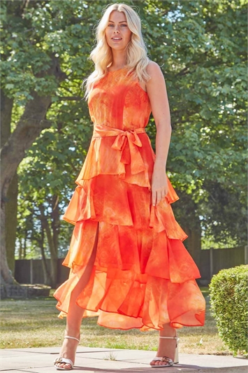 Orange Tie Dye Print Layer Midi Dress, Image 2 of 4