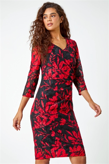 Red Floral Print Lace Shift Stretch Dress