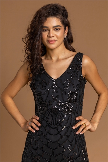 Black Sequin Fringe Hem Flapper Dress, Image 4 of 4