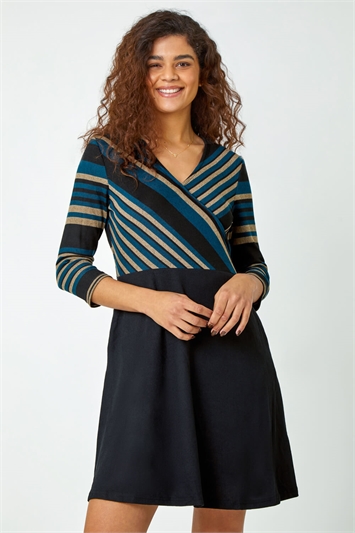 Blue Stripe Print Wrap Stretch Dress