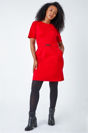 Red Petite Stretch Belted Shift Dress