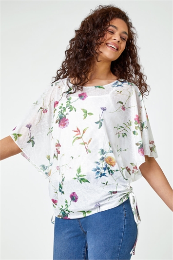 White Floral Print Ruched Batwing Top