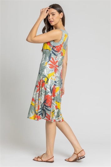 Khaki Tropical Print Fit And Flare Dress, Image 2 of 4
