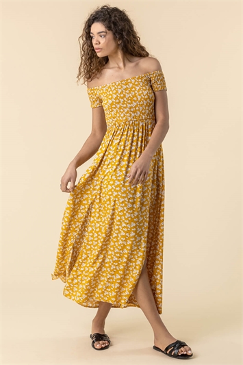 Amber Shirred Floral Print Bardot Dress