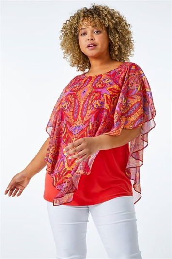 Red Curve Paisley Print Chiffon Overlay Top, Image 4 of 5