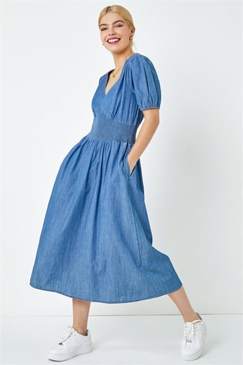 Blue Shirred Waist Pocket Midi Dress