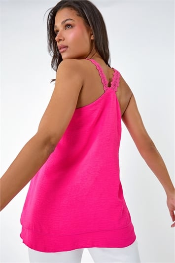Pink Lace Trim Strappy Vest Top