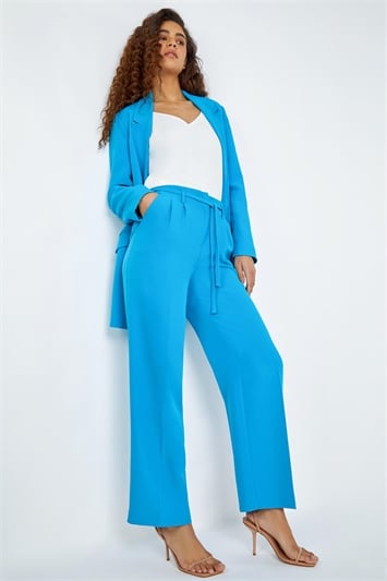Blue Crepe Stretch Straight Leg Trousers
