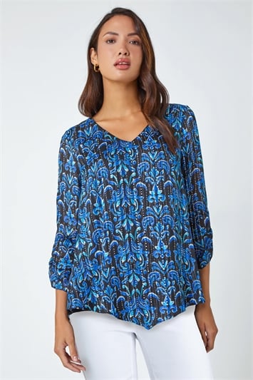 Blue Abstract Print Metallic Ruched Blouse