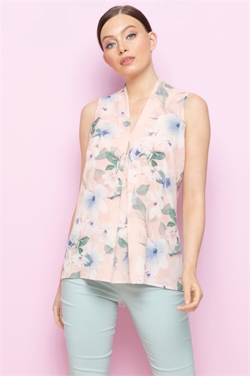 Pink Floral Pleat Front Top