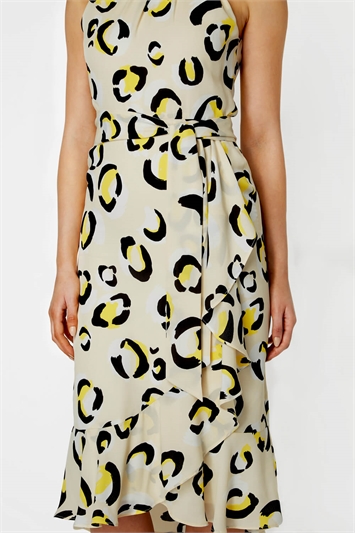 Yellow Animal Print Tie Waist Midi Dress , Image 3 of 4