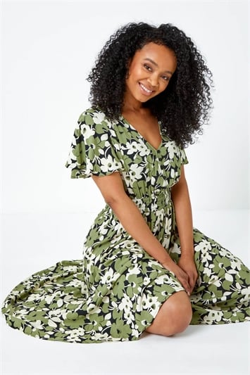 Green Petite Floral Print Shirred Midi Dress