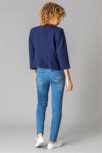 Navy Textured Cropped Jacket, Image 3 of 4