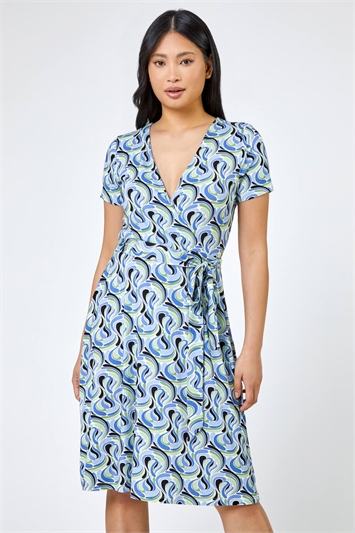 Blue Petite Swirl Print Jersey Wrap Dress, Image 1 of 5