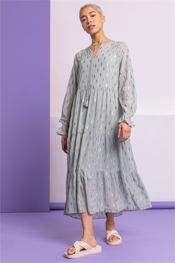 Sage Foil Print Shimmer Tiered Dress, Image 3 of 5