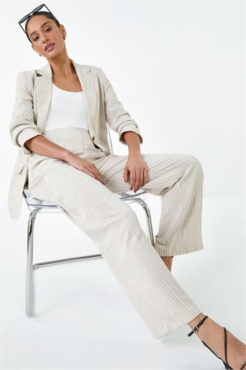 White Elasticated Linen Blend Tailored Trousers