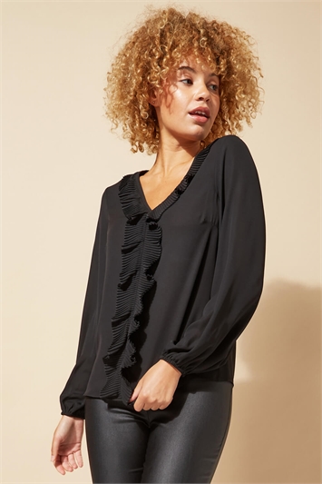 Black Long Sleeve Ruffle Front V-Neck Blouse