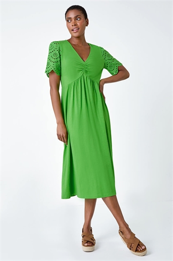 Green Cotton Broderie Sleeve Midi Dress