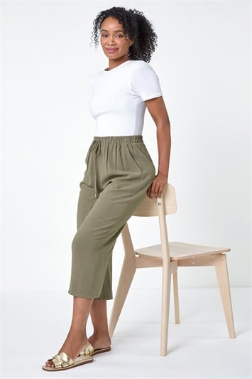 Brown Petite Linen Mix Wide Cropped Trousers