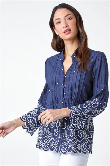 Blue Cotton Paisley Embroidered Blouse