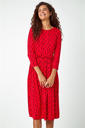 Red Twist Waist Spot Print Stretch Dress