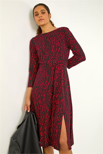 Red Stretch Spot Detail Belted Dress