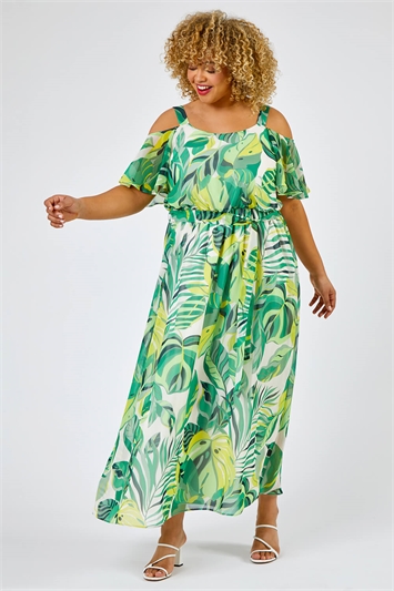 Green Curve Tropical Leaf Print Cold Shoulder Maxi Dress, Image 3 of 5