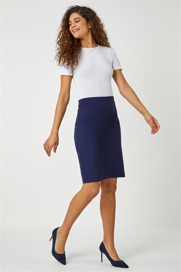 Blue Pull On Stretch Pencil Skirt