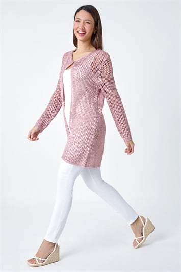 Pink Sequin Knit Longline Cardigan