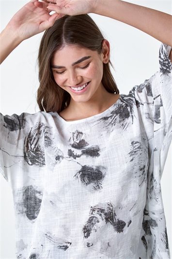 White Sketchy Floral Print Cotton Tunic Top