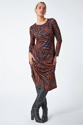 Brown Animal Print Mesh Midi Stretch Dress
