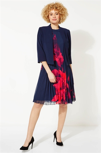 Navy Floral Pleated Swing Dress, Image 4 of 5