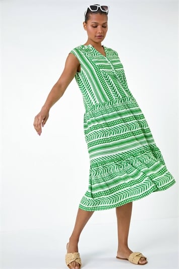 Green Aztec Print Tiered Midi Smock Dress